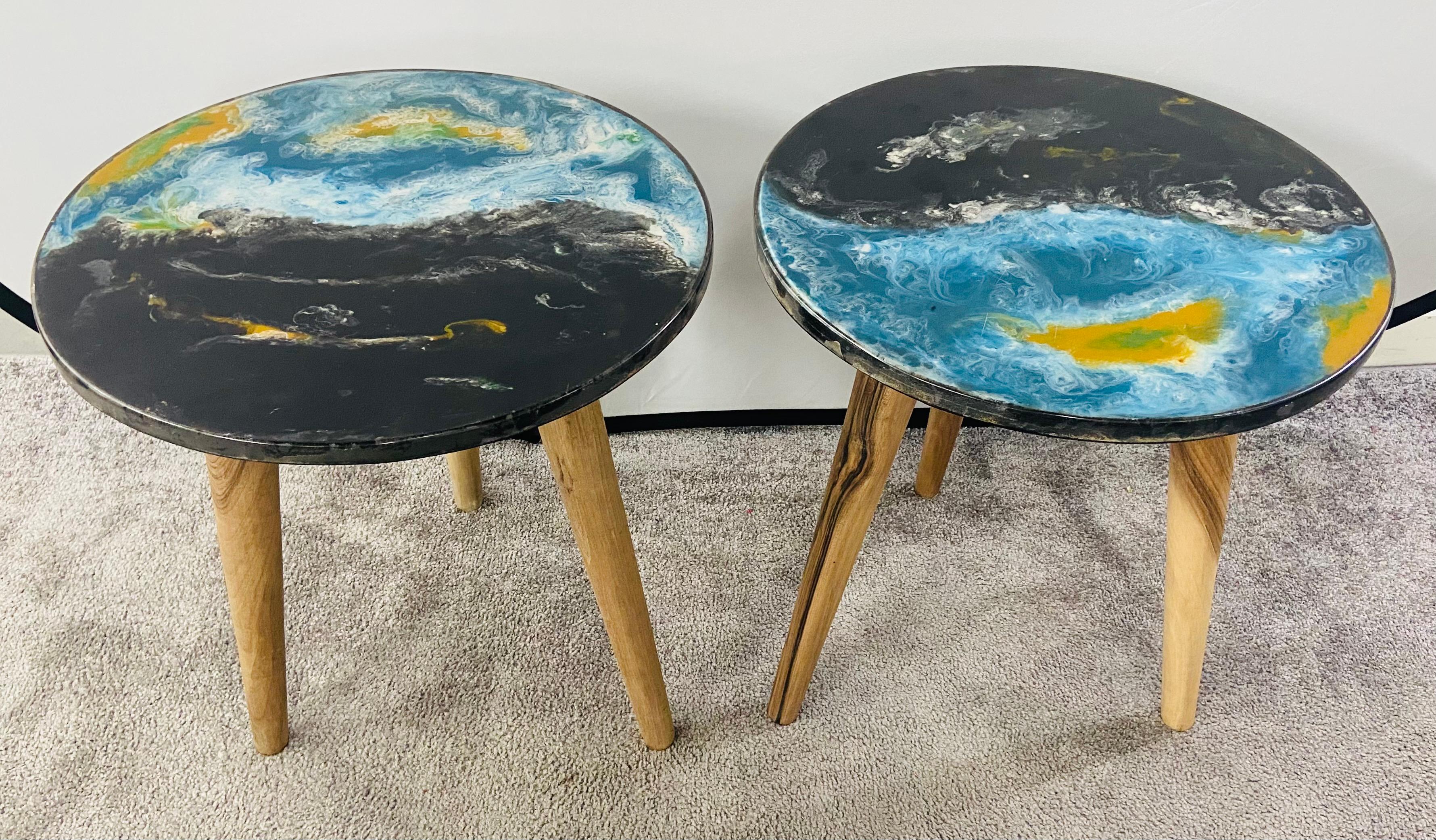 Mid-Century Modern Abstract Art Design Epoxy Resin Top & Walnut Legs, End or Side Table, a Pair For Sale