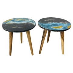 Abstract Art Design Epoxy Resin Top & Walnut Legs End or Side Table, a Pair