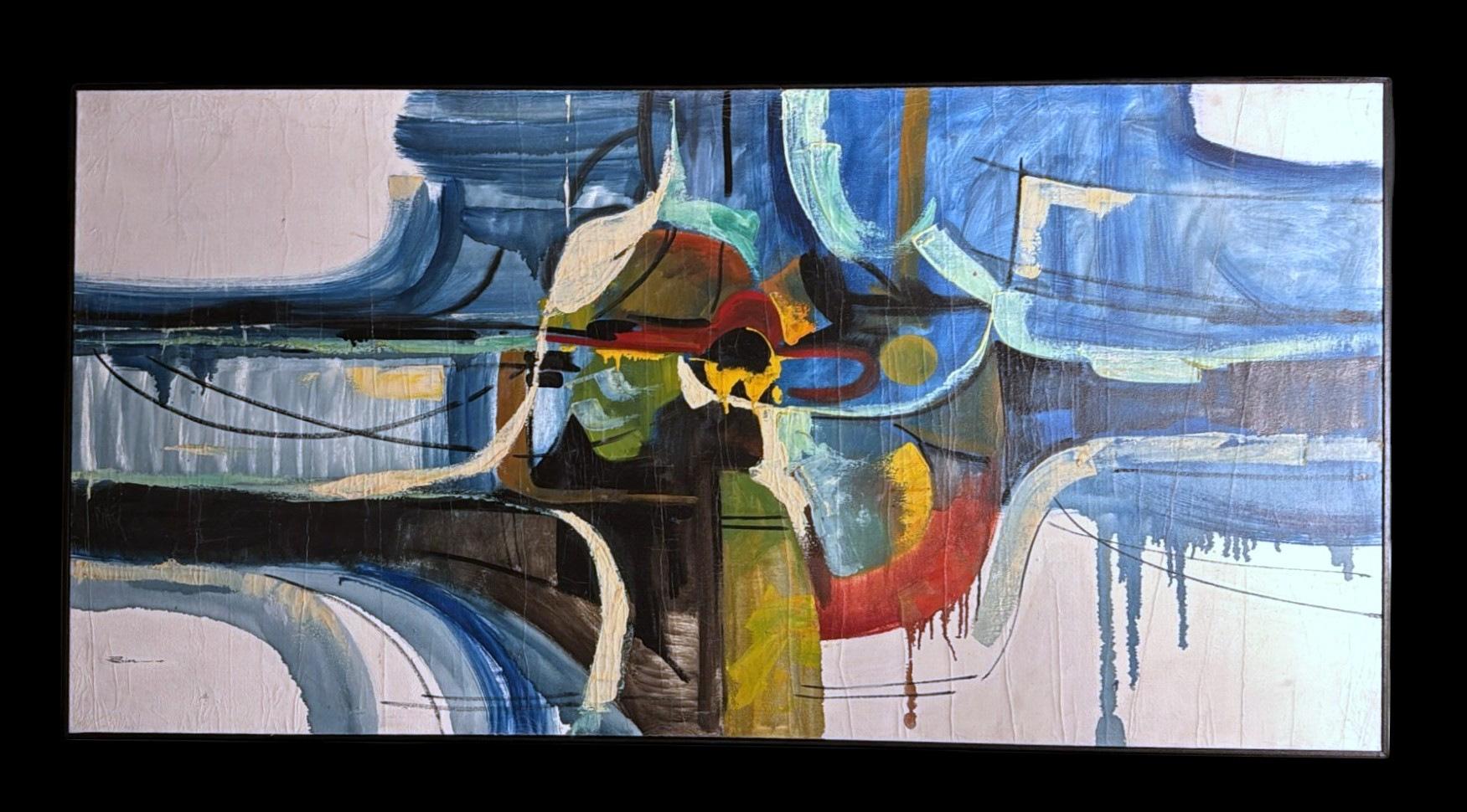 Moderne Peinture à l'huile sur toile, cadre en bois, art abstrait français  Nous vous invitons à en vente