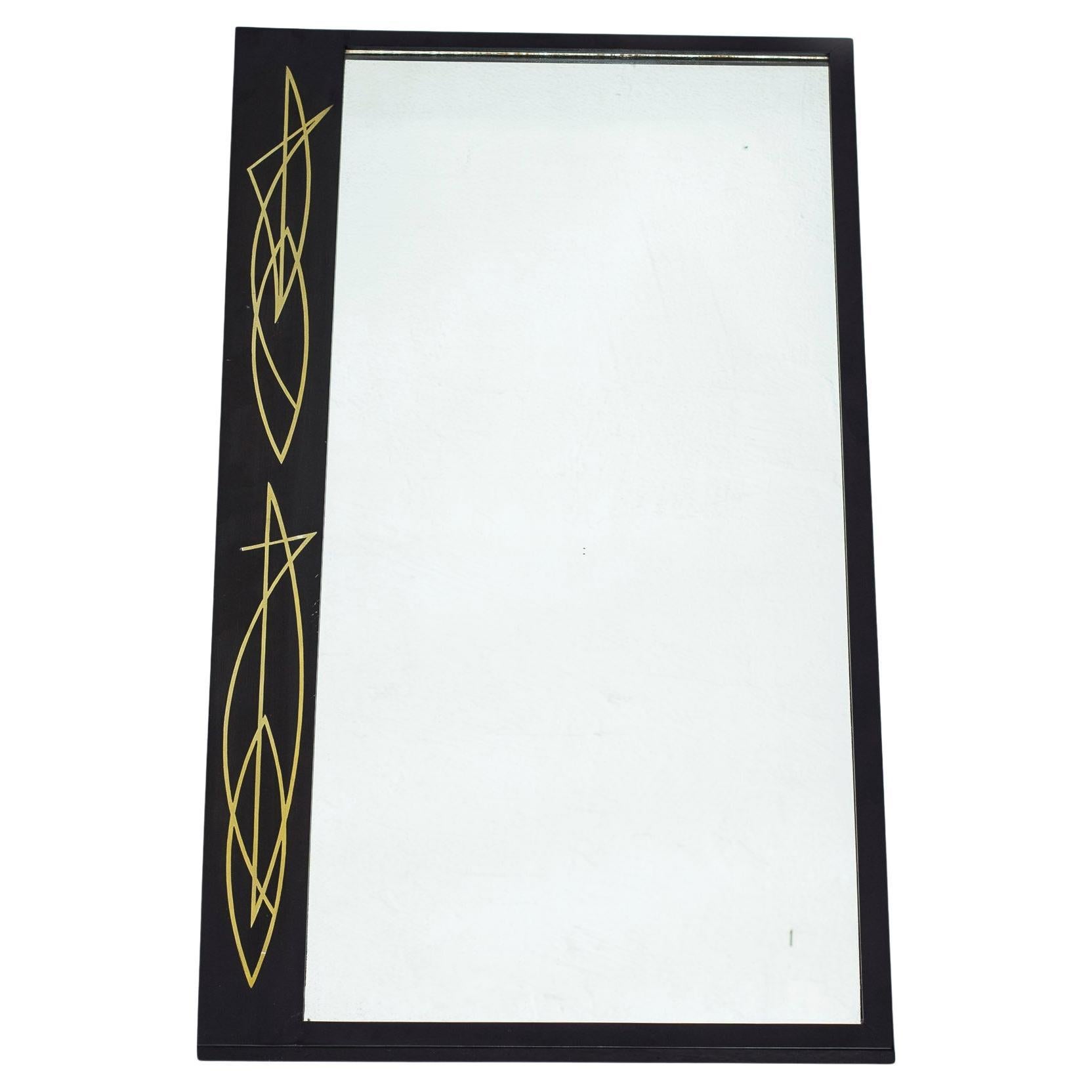 Abstract art mirror in black lacquer and metal inlays, 1950s For Sale