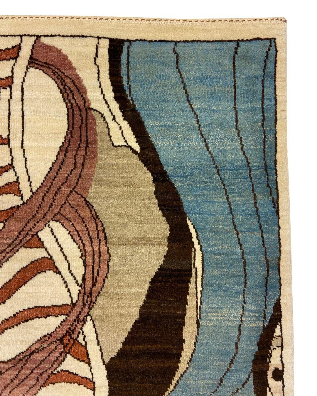 Abstrakter Jugendstil-Perserteppich in Blau, Creme, Braun und Rosa, handgeknüpft, 3 x 5 (Art nouveau) im Angebot