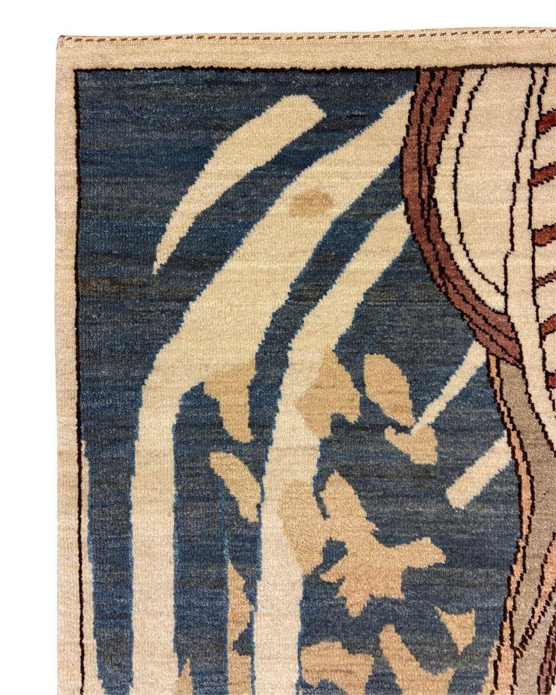 Abstrakter Jugendstil-Perserteppich in Blau, Creme, Braun und Rosa, handgeknüpft, 3 x 5 (Pflanzlich gefärbt) im Angebot