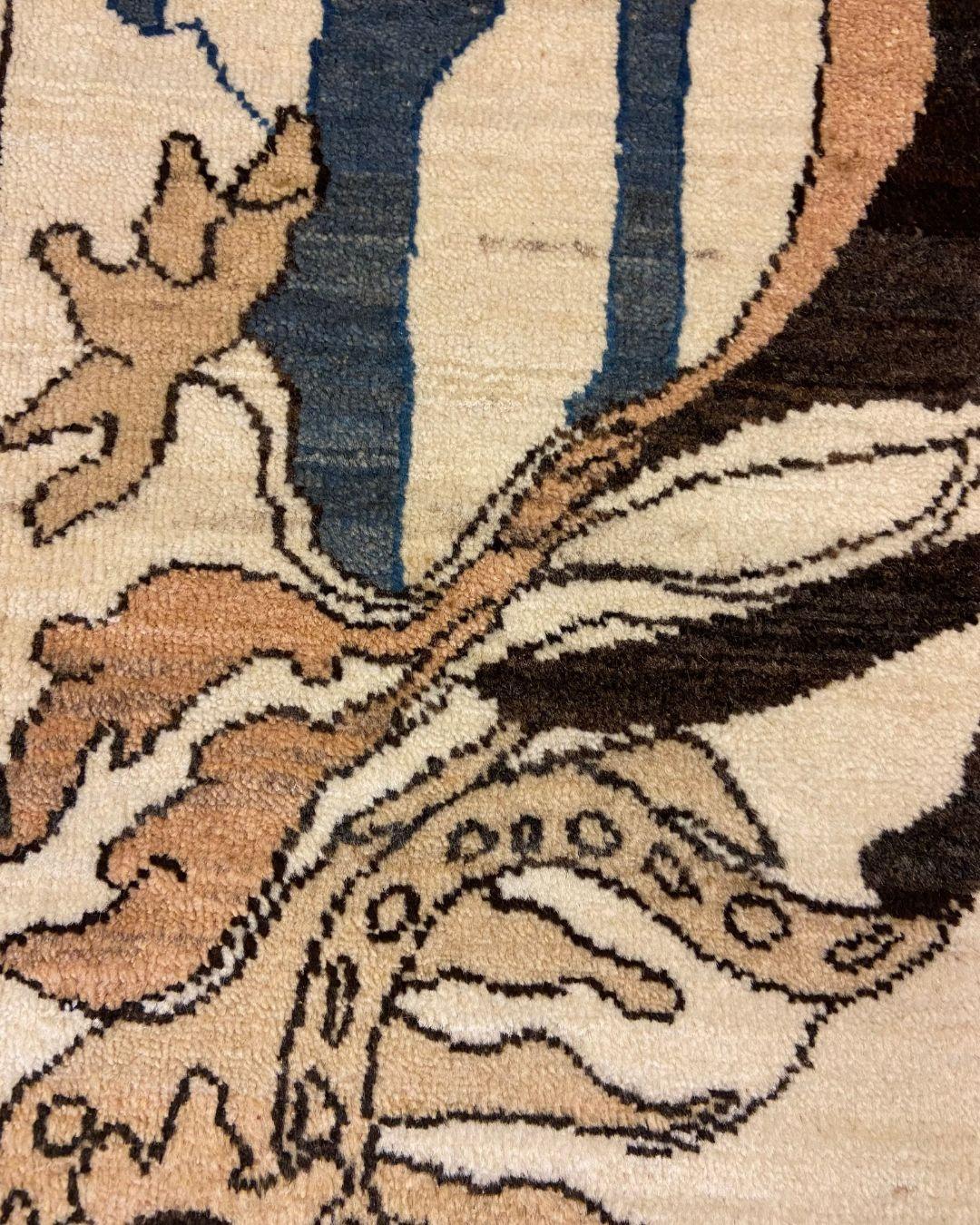 Abstrakter Jugendstil-Perserteppich in Blau, Creme, Braun und Rosa, handgeknüpft, 3 x 5 (21. Jahrhundert und zeitgenössisch) im Angebot