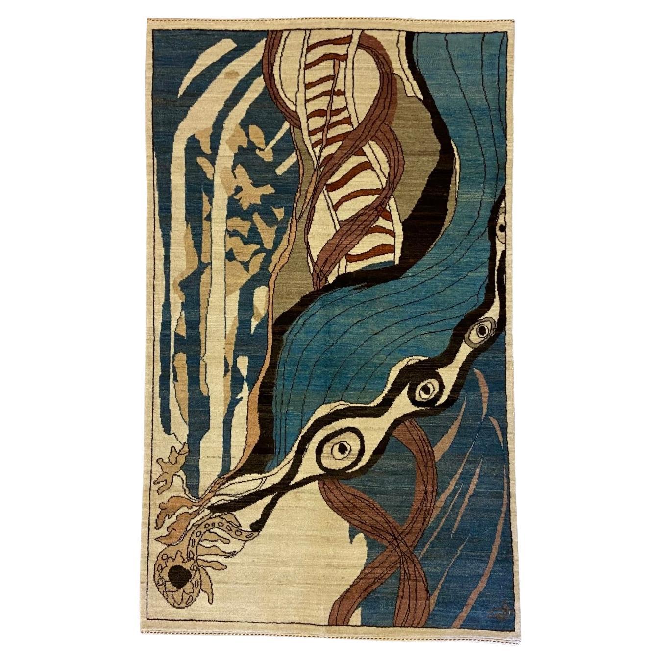 Abstract Art Nouveau Blue, Cream, Brown and Pink Hand-Knotted Persian Rug, 3 x 5
