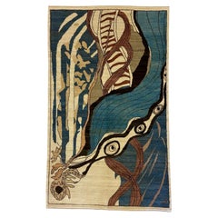 Abstract Art Nouveau Blue, Cream, Brown and Pink Hand-Knotted Persian Rug, 3 x 5
