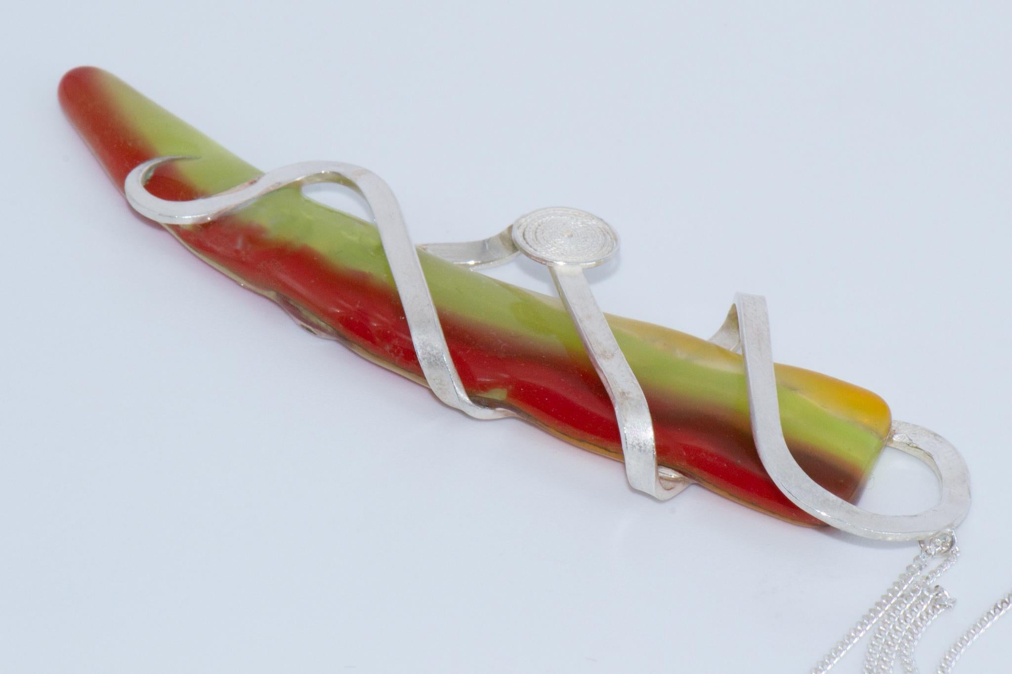 Abstract Art Nouveau Organic Silver Tri-Coloured Glass & Filigree Pendant For Sale 2
