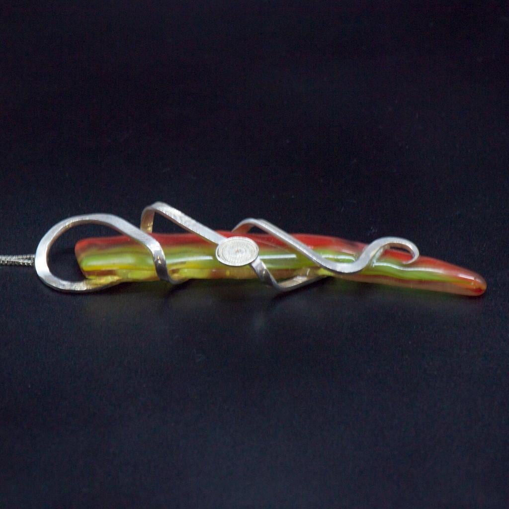 Abstract Art Nouveau Organic Silver Tri-Coloured Glass & Filigree Pendant For Sale 1