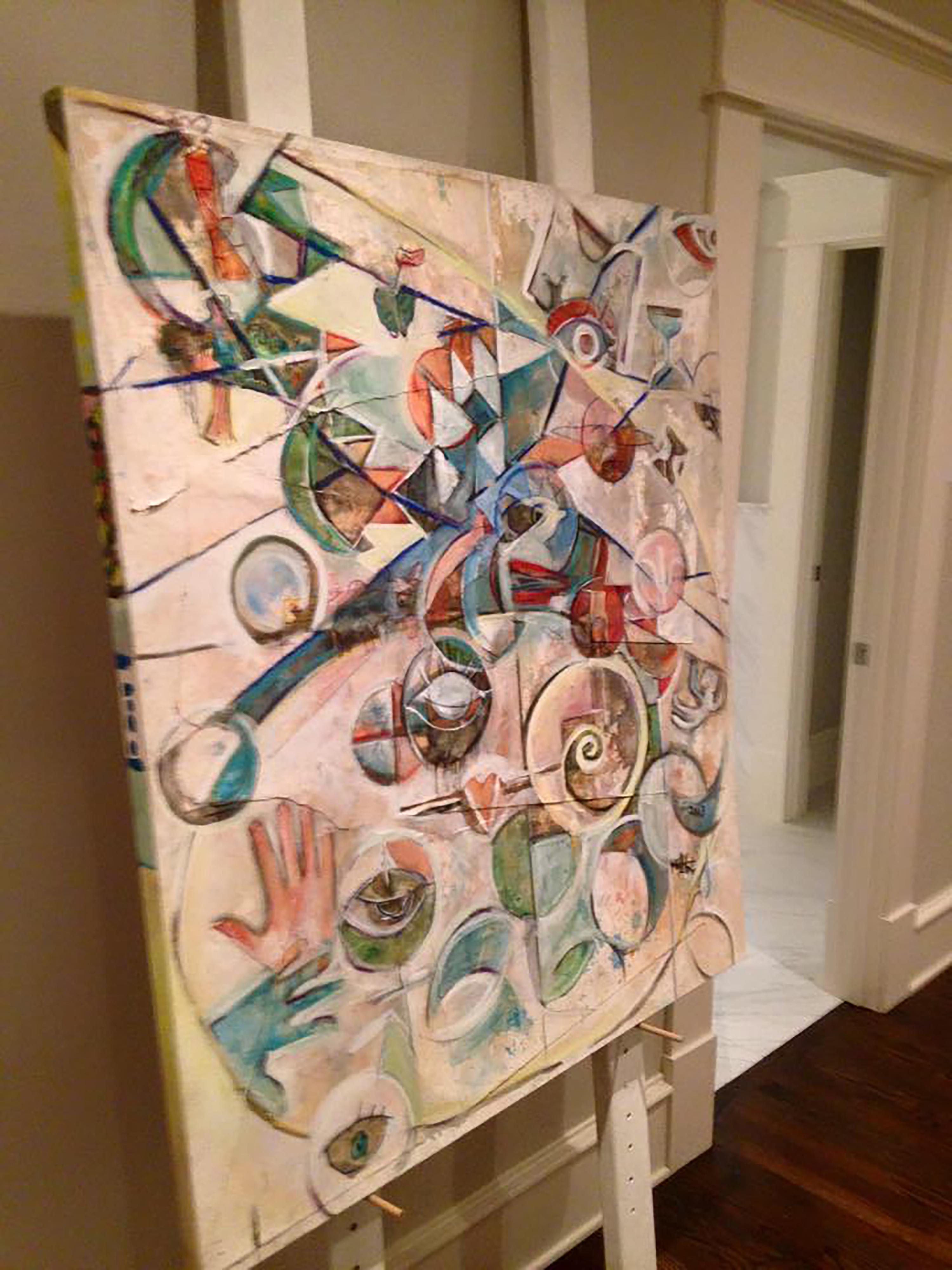 Title: “Oneironaut.”
Size: 48 in x 42 in.
Year: 2013.

Artist Jason Stallings. Mixed media collage on canvas.

An abstract representation of the various layers between consciousness and being a dream state. Title is taken from the Greek word for
