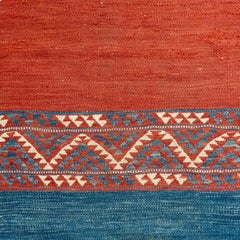Abstract Art Prayer Kilim, c. 1850, Turkish Wool Rug, Red and Indigo Tapestry