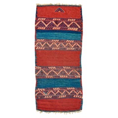 Abstract Art Prayer Kilim, c. 1850, Turkish Wool Rug, Red and Indigo Tapestry