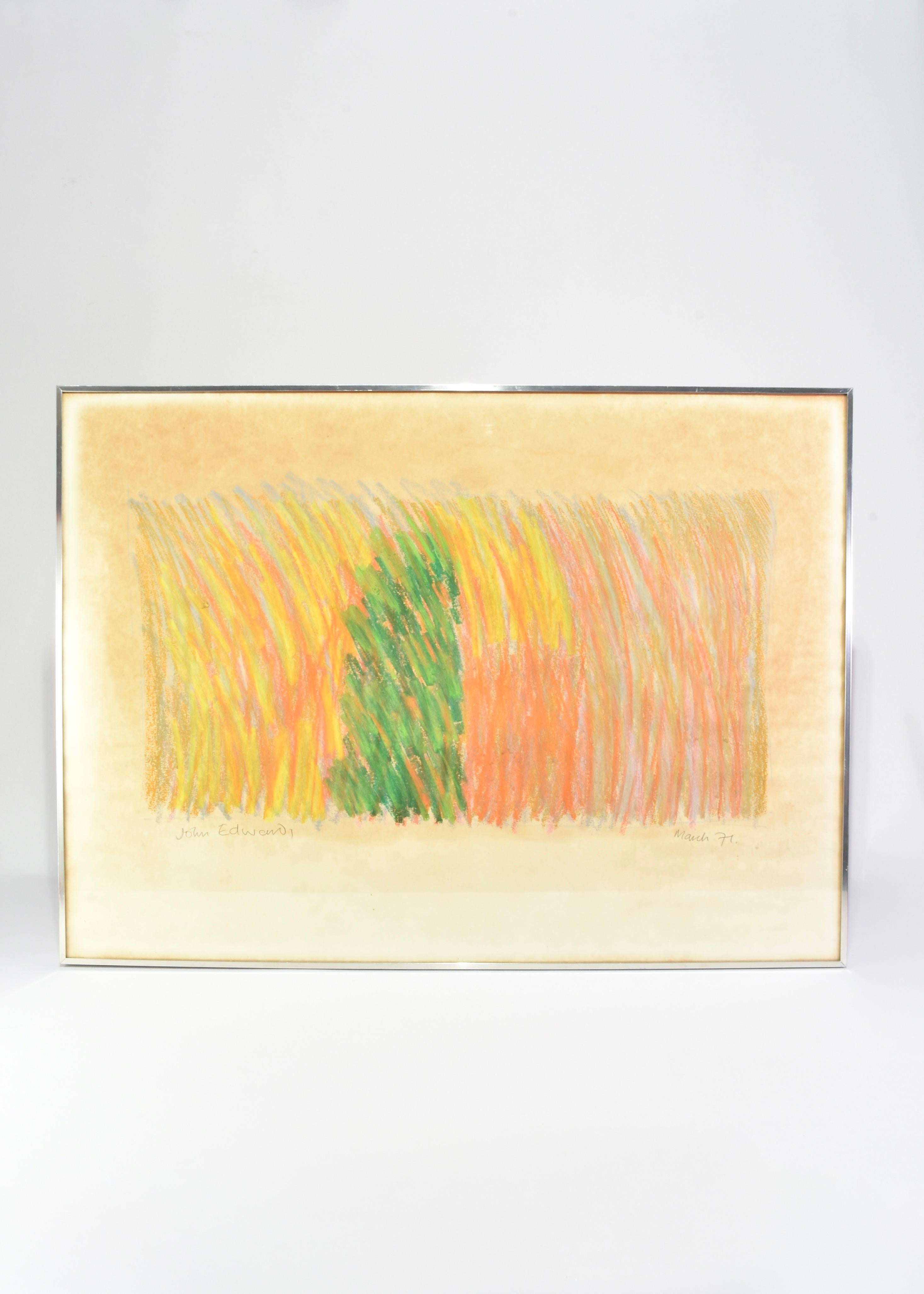 Gran obra de arte abstracto en amarillo, naranja, verde y azul. Firmado John Edwards, marzo del 71. Enmarcado profesionalmente en un marco cromado con un alambre en la parte posterior.