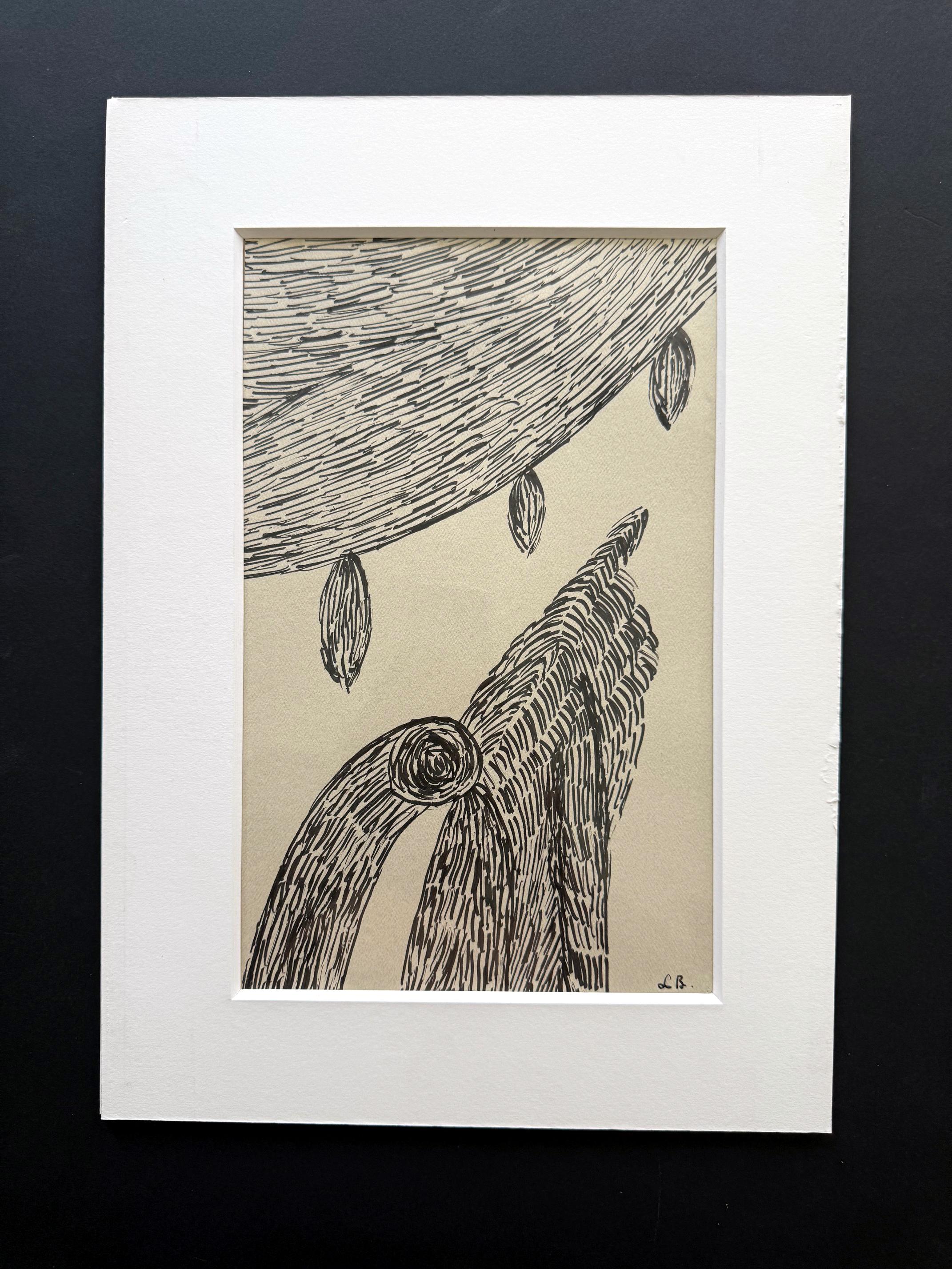Disegno astratto a penna a sfera su carta con tappetino originale (senza cornice), firmato LB in basso a destra e annotato sul retro con un'attribuzione a Louise Bourgeois (1911-2010) e datato agli anni 1950-60. Si tratta di un pezzo di proprietà di
