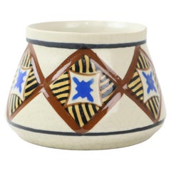 Vintage Abstract Belgian Art Deco Vase AMC White Blue Black Crackle Earthenware