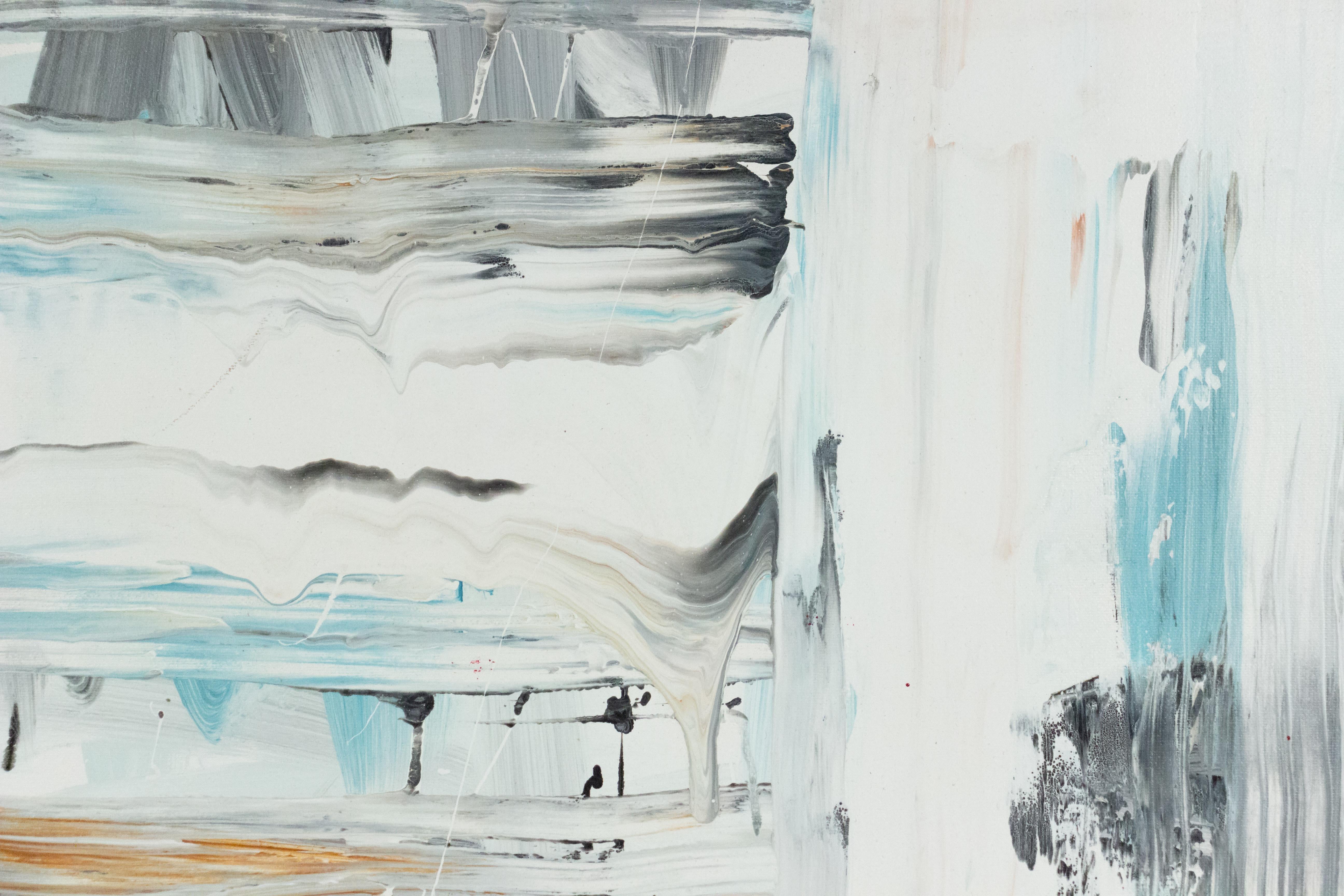 Moderno Pittura astratta in bianco e nero con tratti rossi e blu in vendita