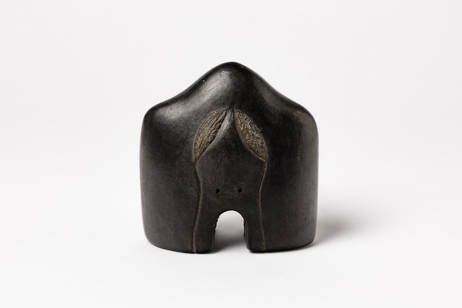 Mid-Century Modern Abstract Black Ceramic Sculpture by Marionneau French Artist, circa 1980 For Sale