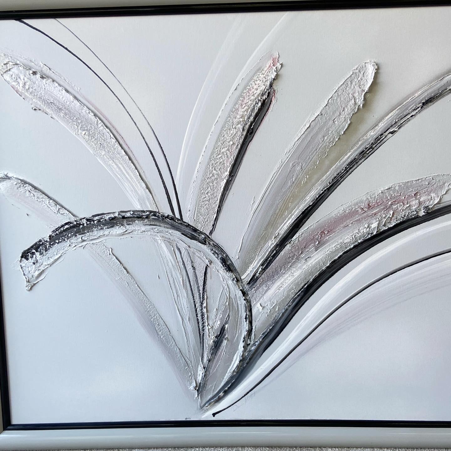 Incredible signed and framed oil painting. Features white, gray and black thick strokes.

Additional Information:
Material: Canvas
Color: Grey
Style: Abstract
Time Period: 1980s
Dimension: 64