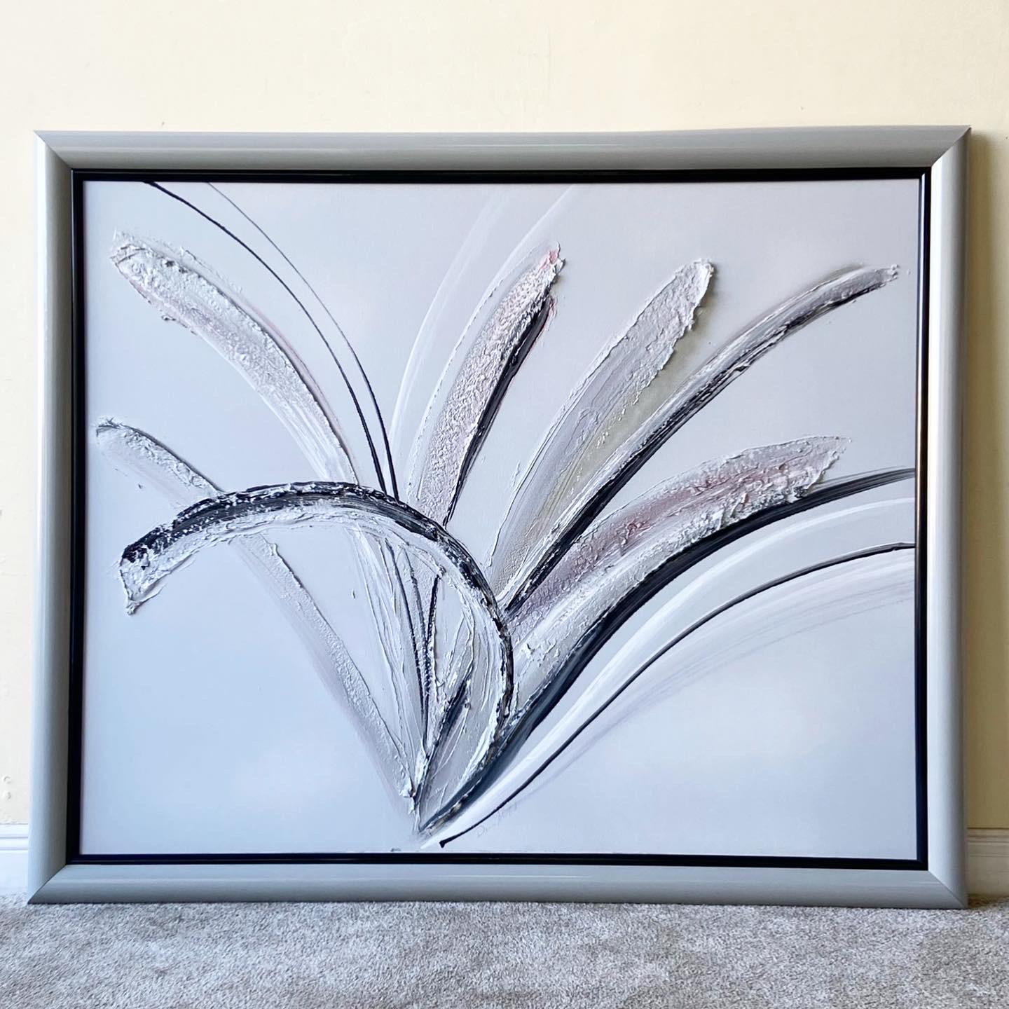 20th Century Abstract Black, Grey & White Framed and Signed Oil Painting For Sale