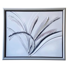 Peinture à l'huile abstraite encadrée et signée en noir, gris et blanc