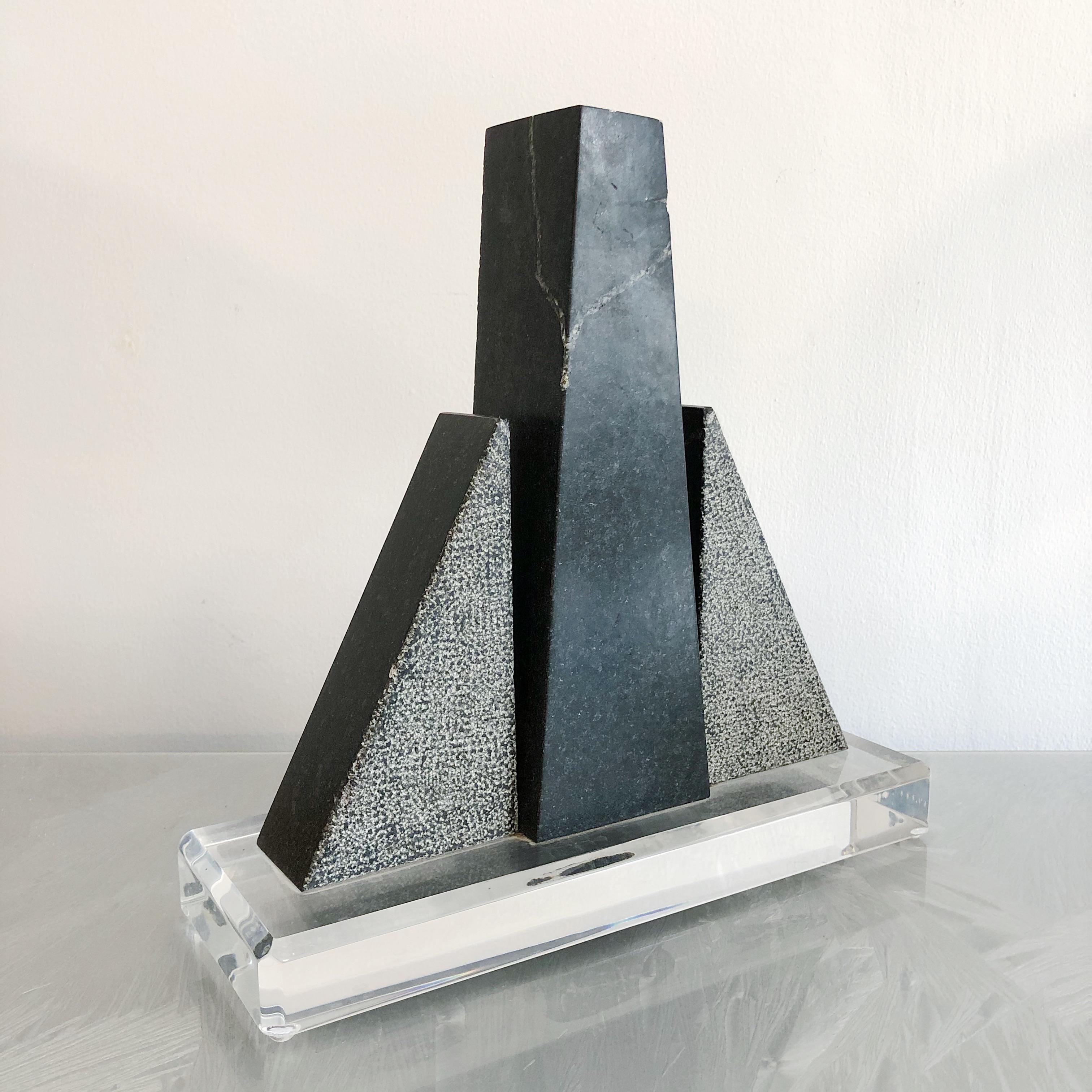 American Abstract Black Marble Sculpture on Lucite Base
