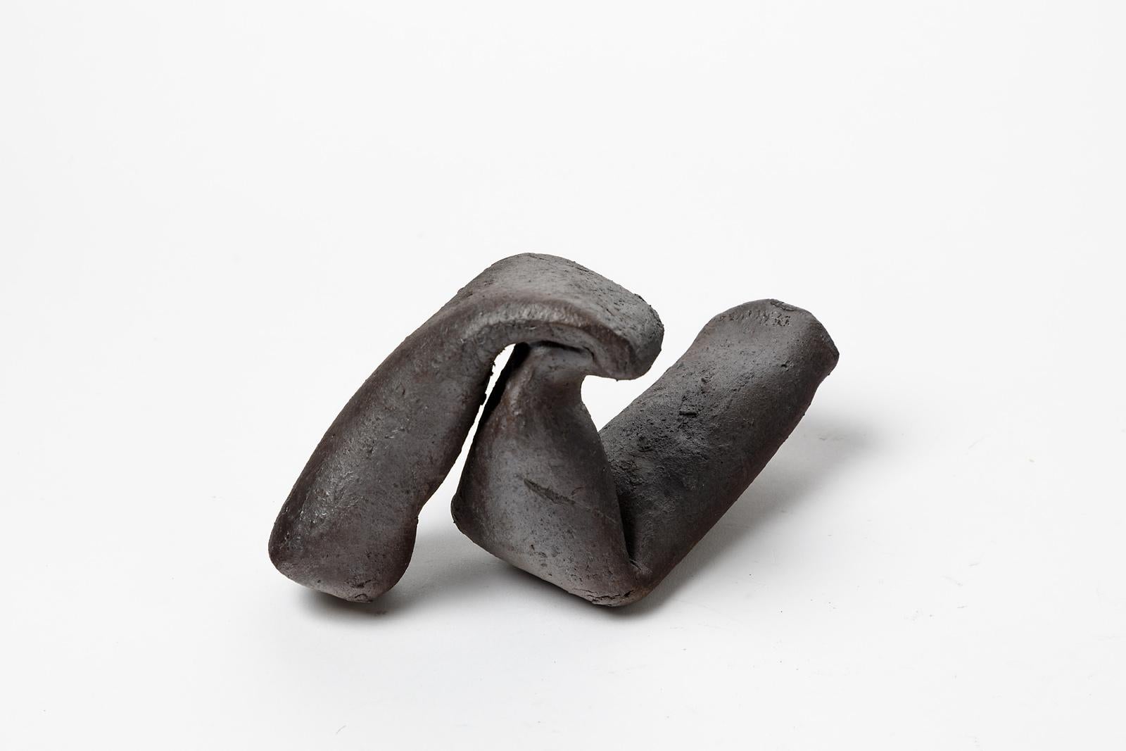 Mid-Century Modern Abstract Black Stoneware Ceramic Sculpture by Joelle Deroubaix circa 1980 For Sale