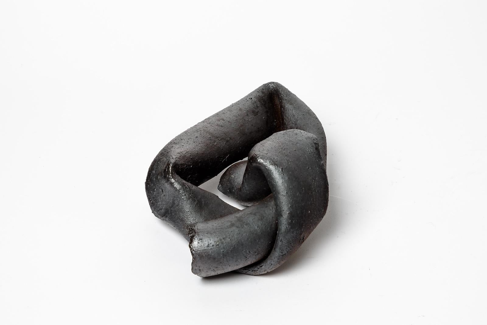 Mid-Century Modern Abstract Black Stoneware Ceramic Sculpture by Joelle Deroubaix circa 1980 For Sale