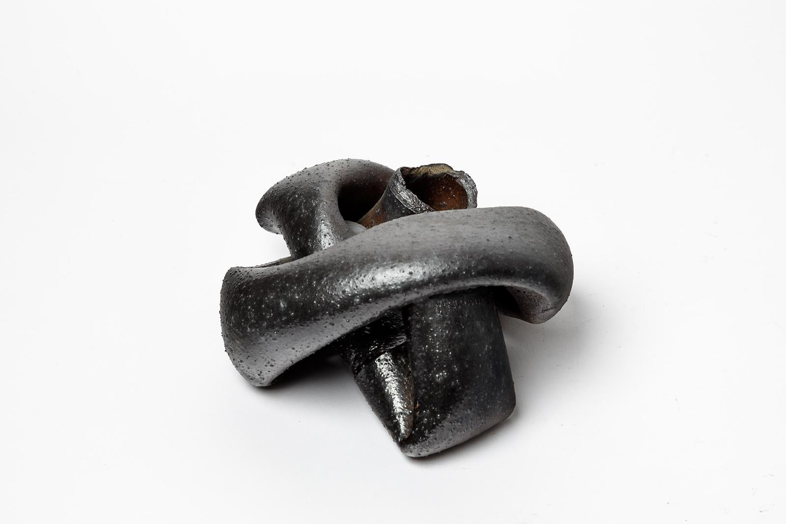 Mid-Century Modern Abstract Black Stoneware Ceramic Sculpture by Joelle Deroubaix circa 1980 For Sale