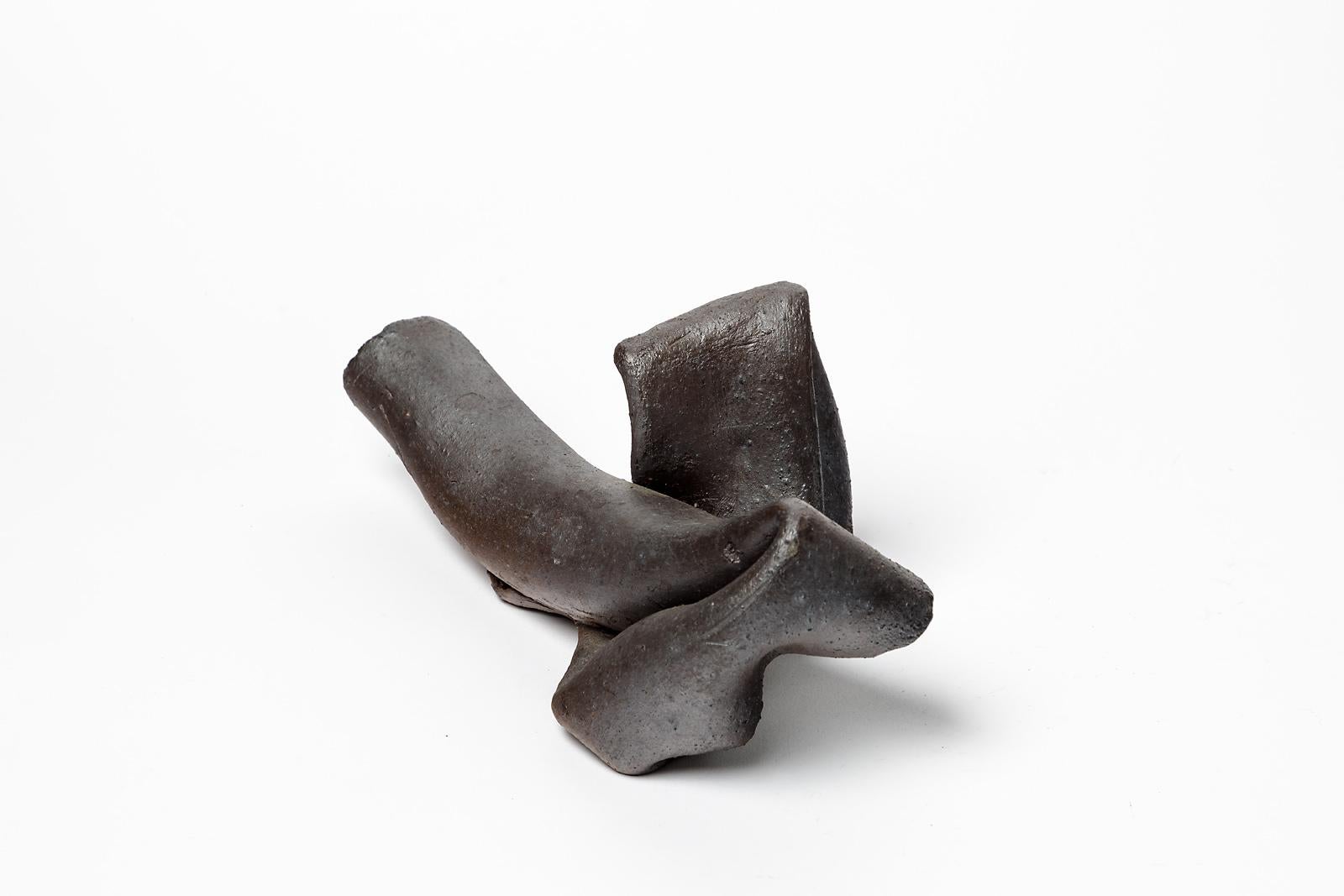 Mid-Century Modern Abstract Black Stoneware Ceramic Sculpture by Joelle Deroubaix, circa 1980 For Sale