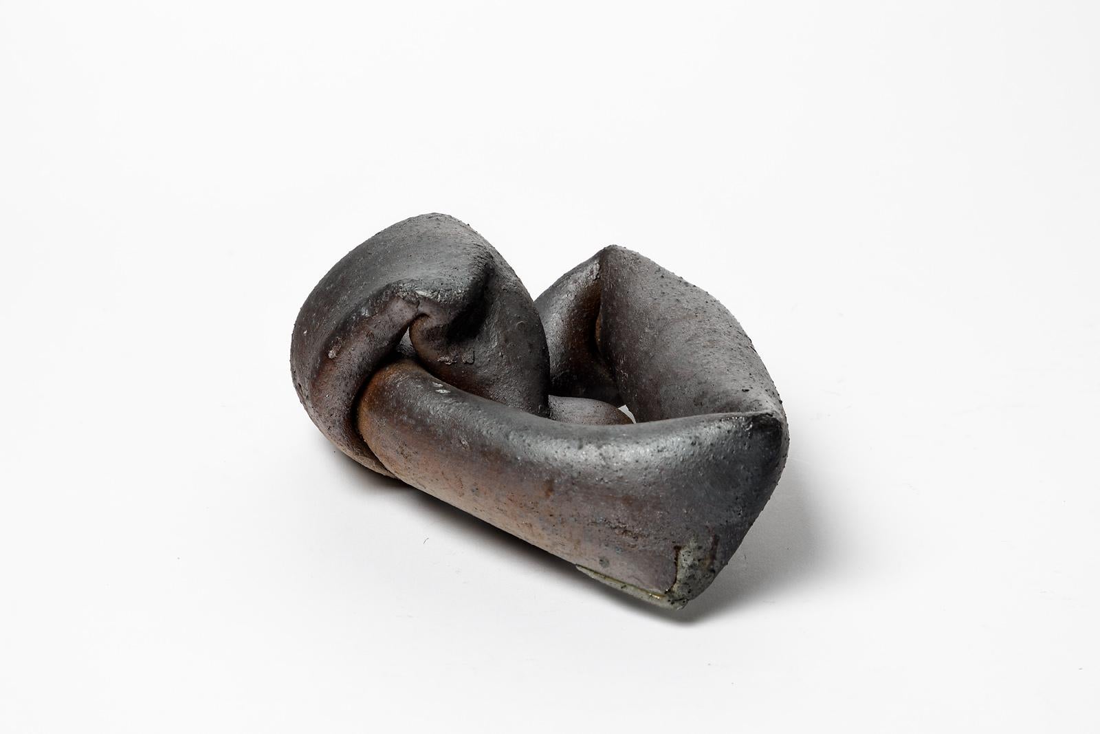 French Abstract Black Stoneware Ceramic Sculpture by Joelle Deroubaix circa 1980 For Sale