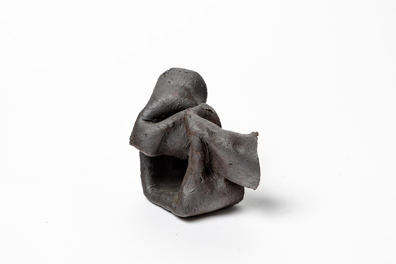 French Abstract Black Stoneware Ceramic Sculpture by Joelle Deroubaix circa 1980 For Sale