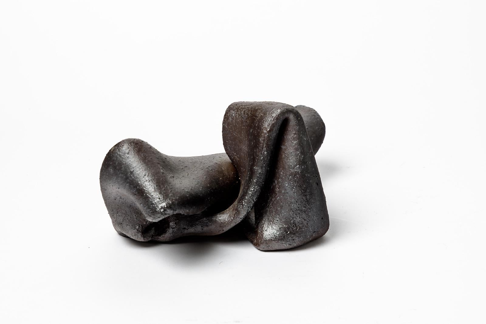 French Abstract Black Stoneware Ceramic Sculpture by Joelle Deroubaix, circa 1980 For Sale