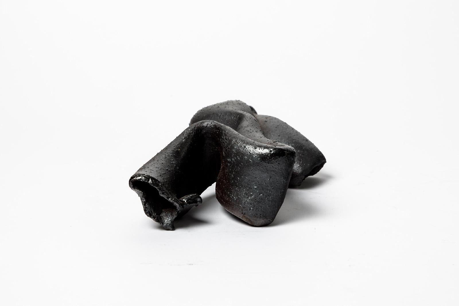 French Abstract Black Stoneware Ceramic Sculpture by Joelle Deroubaix, circa 1980 For Sale