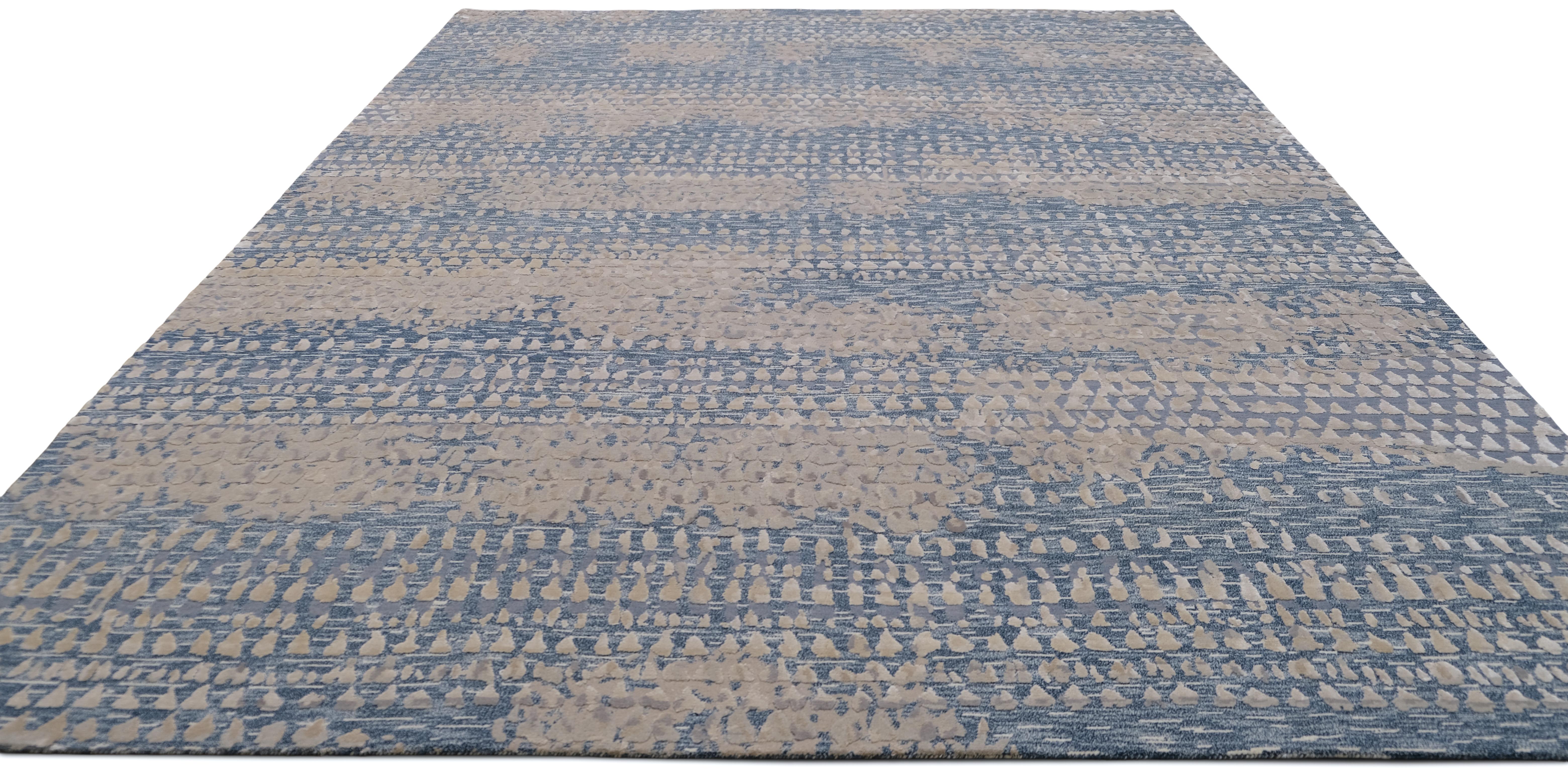 Modern Abstract Blue and Beige Wool and Silk Rug 9'2''x12'4'' For Sale