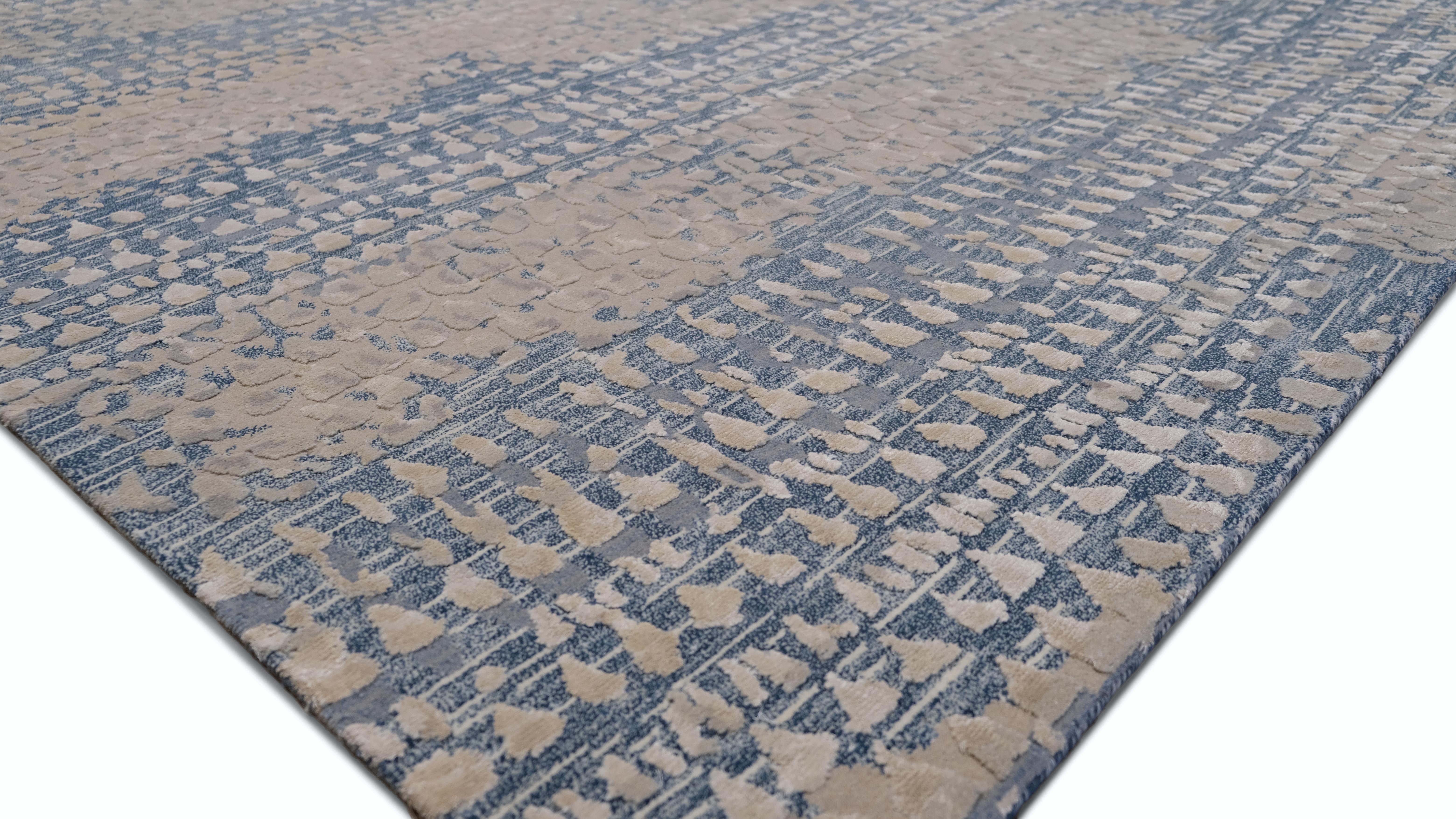 Hand-Knotted Abstract Blue and Beige Wool and Silk Rug 9'2''x12'4'' For Sale