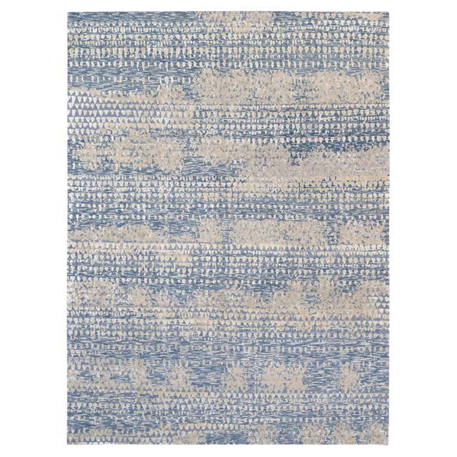 Abstract Blue Rug Pattern Modern Handmade Blue and Peach Abstract Custom Wool Rug For Sale at 1stDibs