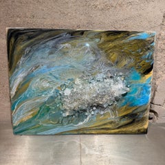 Abstract Blue and Gold Fluid Art Painting Crushed Glass Modern Wall Art