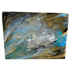 Abstract Blue and Gold Fluid Art Painting Crushed Glass Modern Wall Art