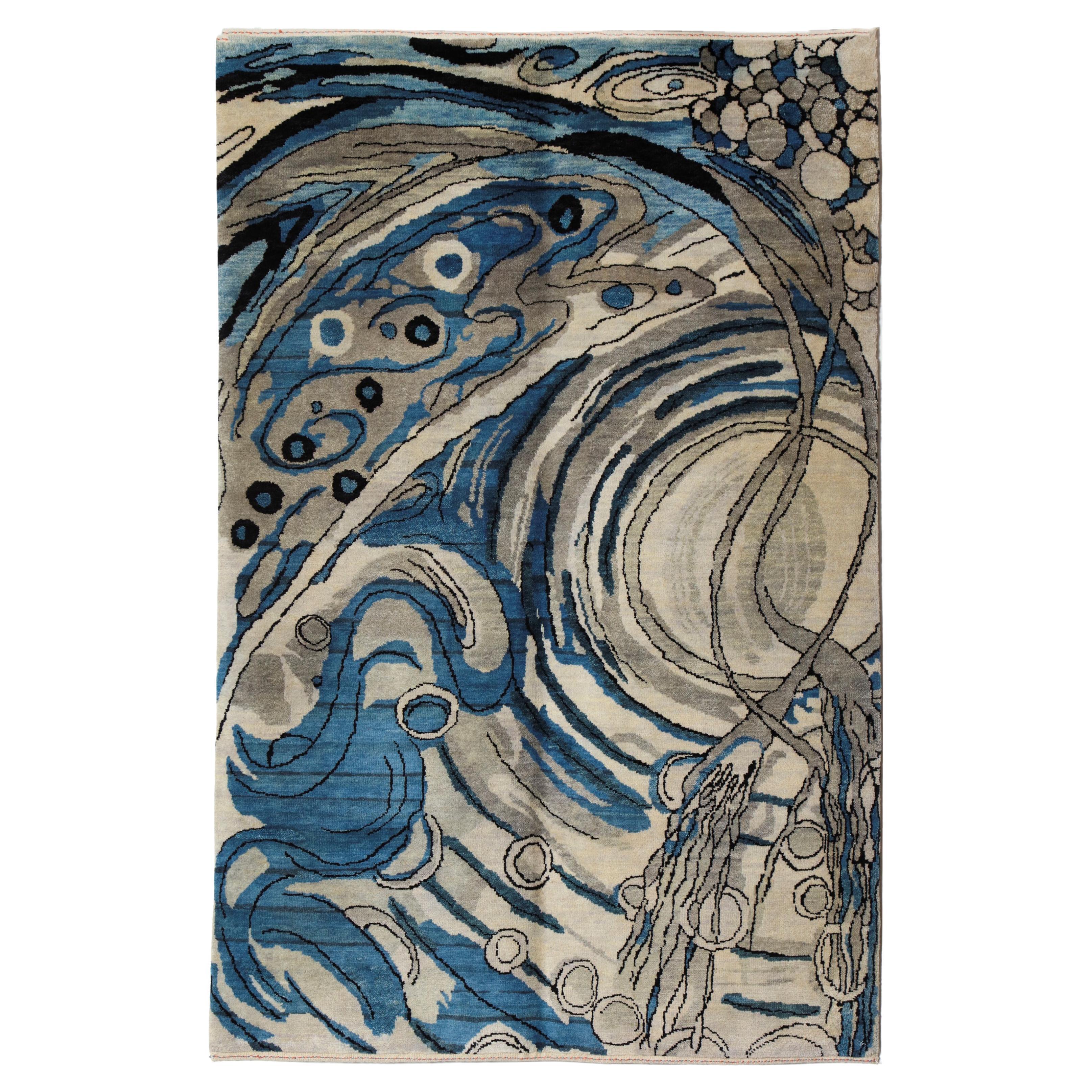 Abstract Blue and Gray Hand-Knotted Wool Rug with Organic Flow Pattern, 4
 x 6
 For Sale