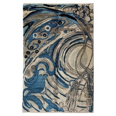 Abstract Blue and Gray Hand-Knotted Wool Rug with Organic Flow Pattern, 4
 x 6
