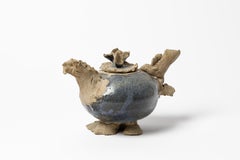 Abstract blue and grey ceramic tea pot 20th century folk art