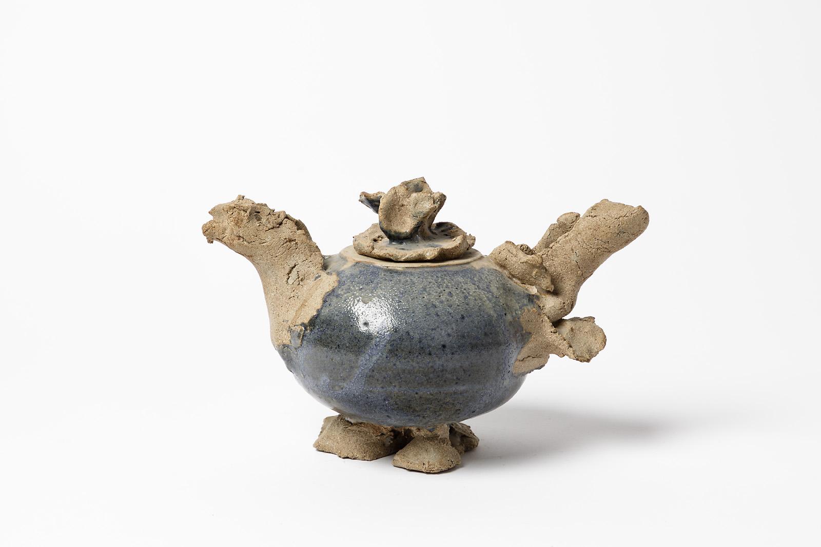 Mid-Century Modern Abstract blue and grey ceramic tea pot by Bernard Lancelle 20th century folk art For Sale