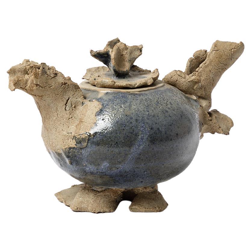 Abstract blue and grey ceramic tea pot by Bernard Lancelle 20th century folk art For Sale