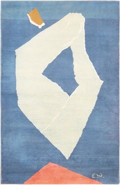Abstract Blue and White Color Vintage Art Pile Rug 3'10" x 5'10"