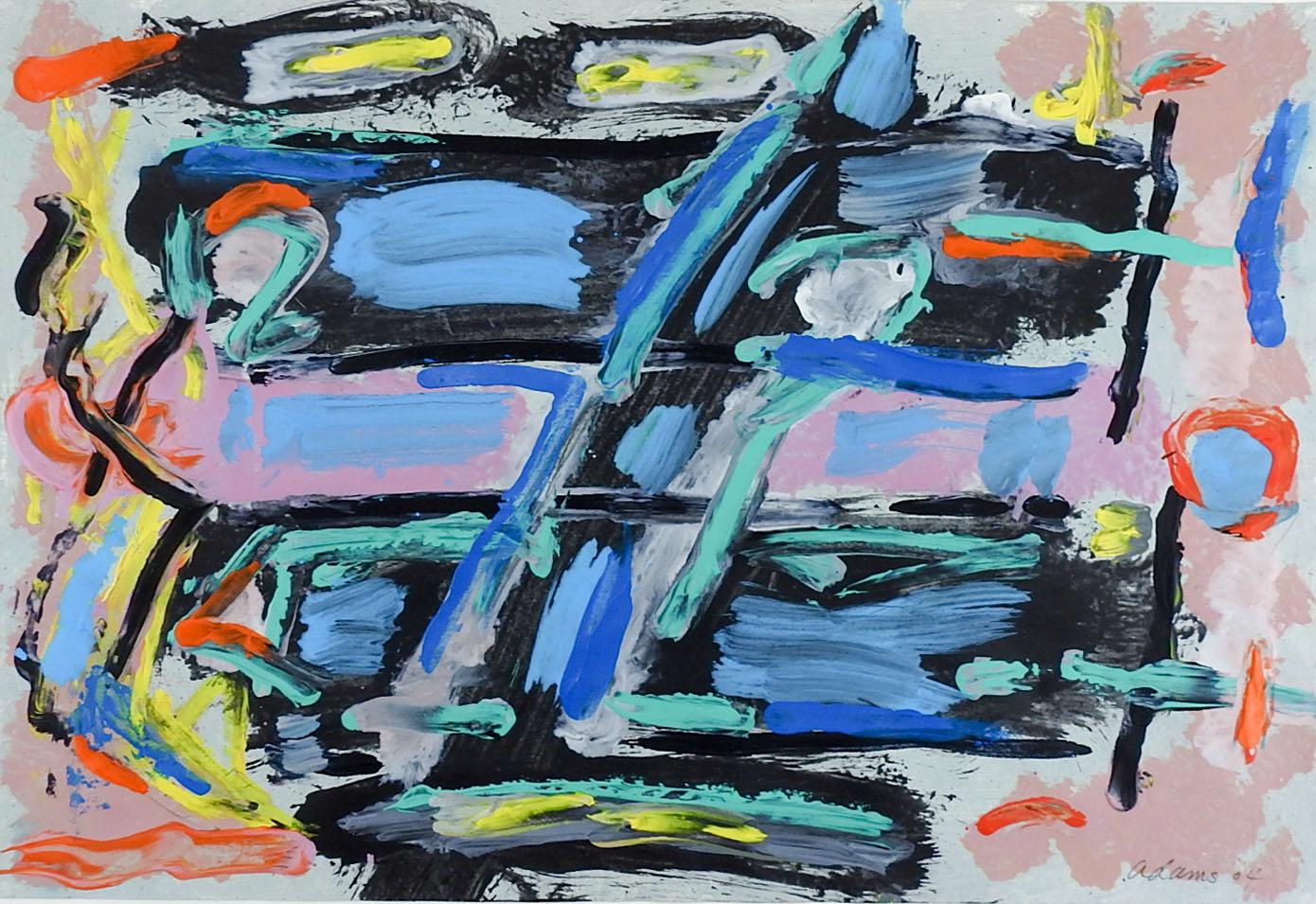 Abstraktes blaues, schwarzes und rosafarbenes Gemälde auf Papier (Moderne) im Angebot