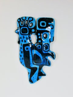 Abstract blue chicken wall sculpture signed and dated 1960