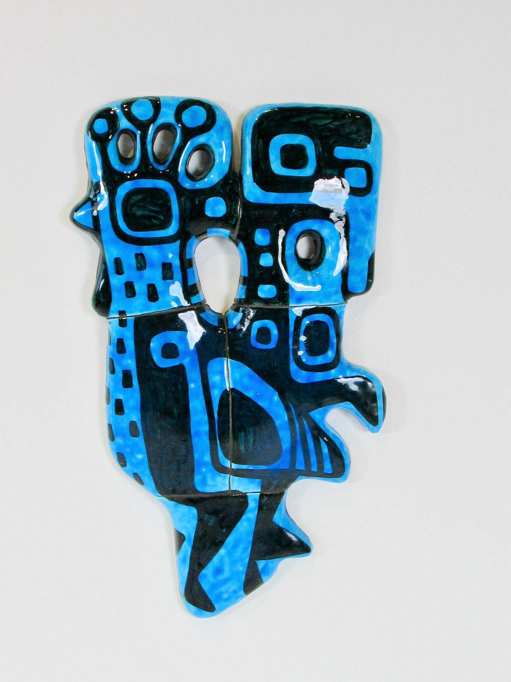 Glazed Abstract blue chicken wall sculpture signed and dated 1960 For Sale