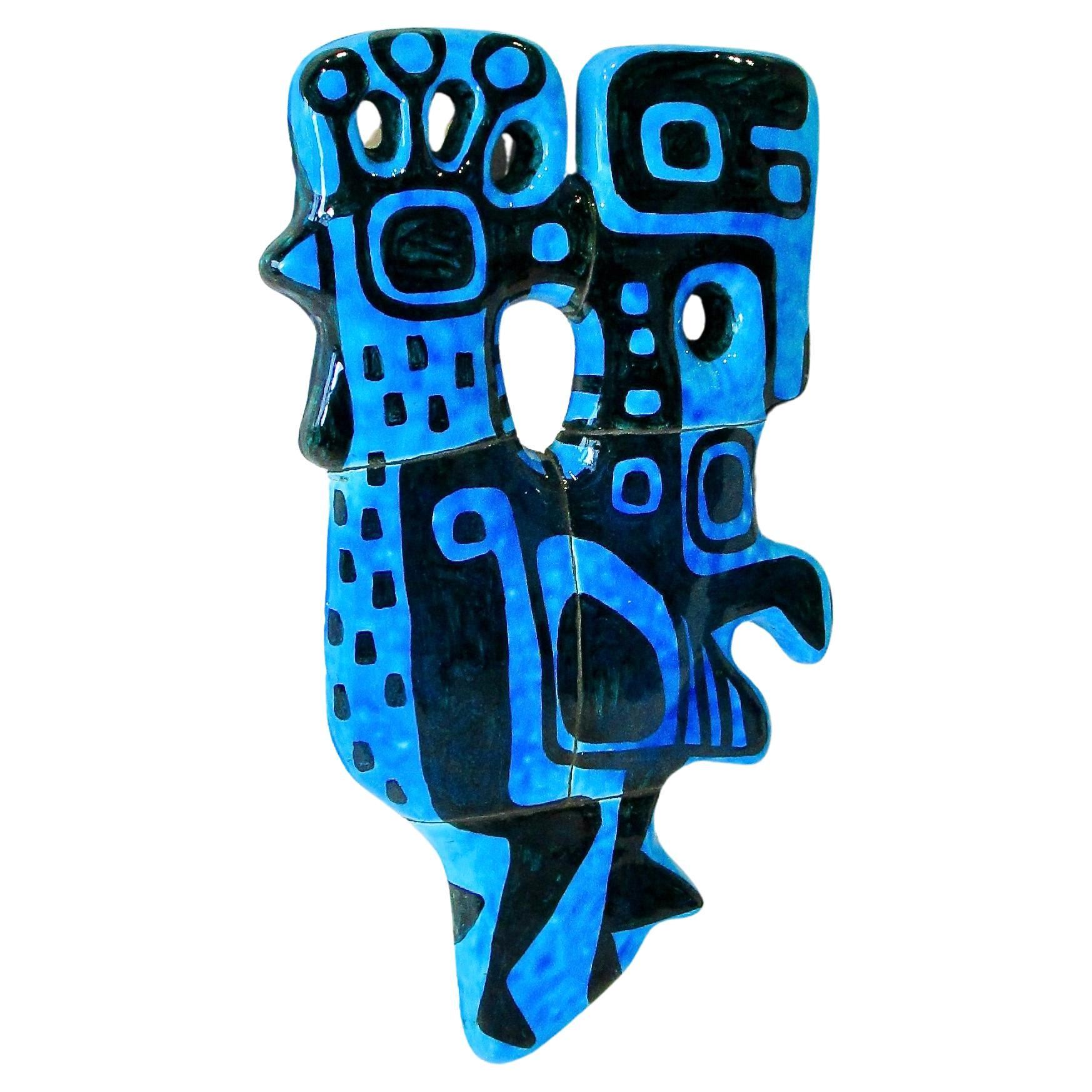 Abstract blue chicken wall sculpture signed and dated 1960 For Sale