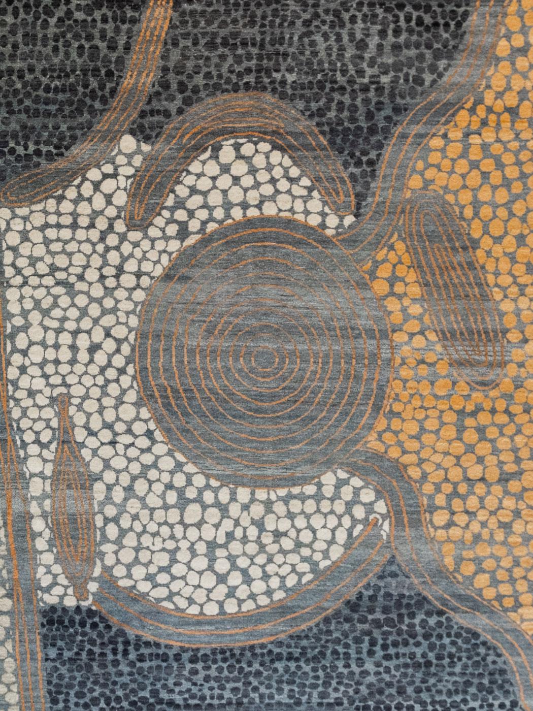 Vegetable Dyed Abstract Blue, Gray, and Orange Wool Persian Carpet with Pebble Pattern, 8 x 10 For Sale