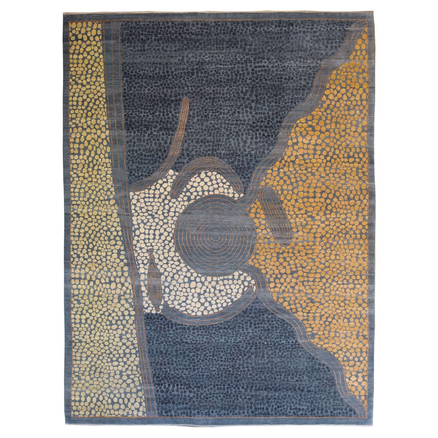 Abstract Blue, Gray, and Orange Wool Persian Carpet with Pebble Pattern, 8 x 10