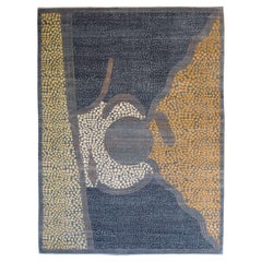 Tapis persan abstrait en laine bleu, gris et orange avec motif de galets, 8 x 10