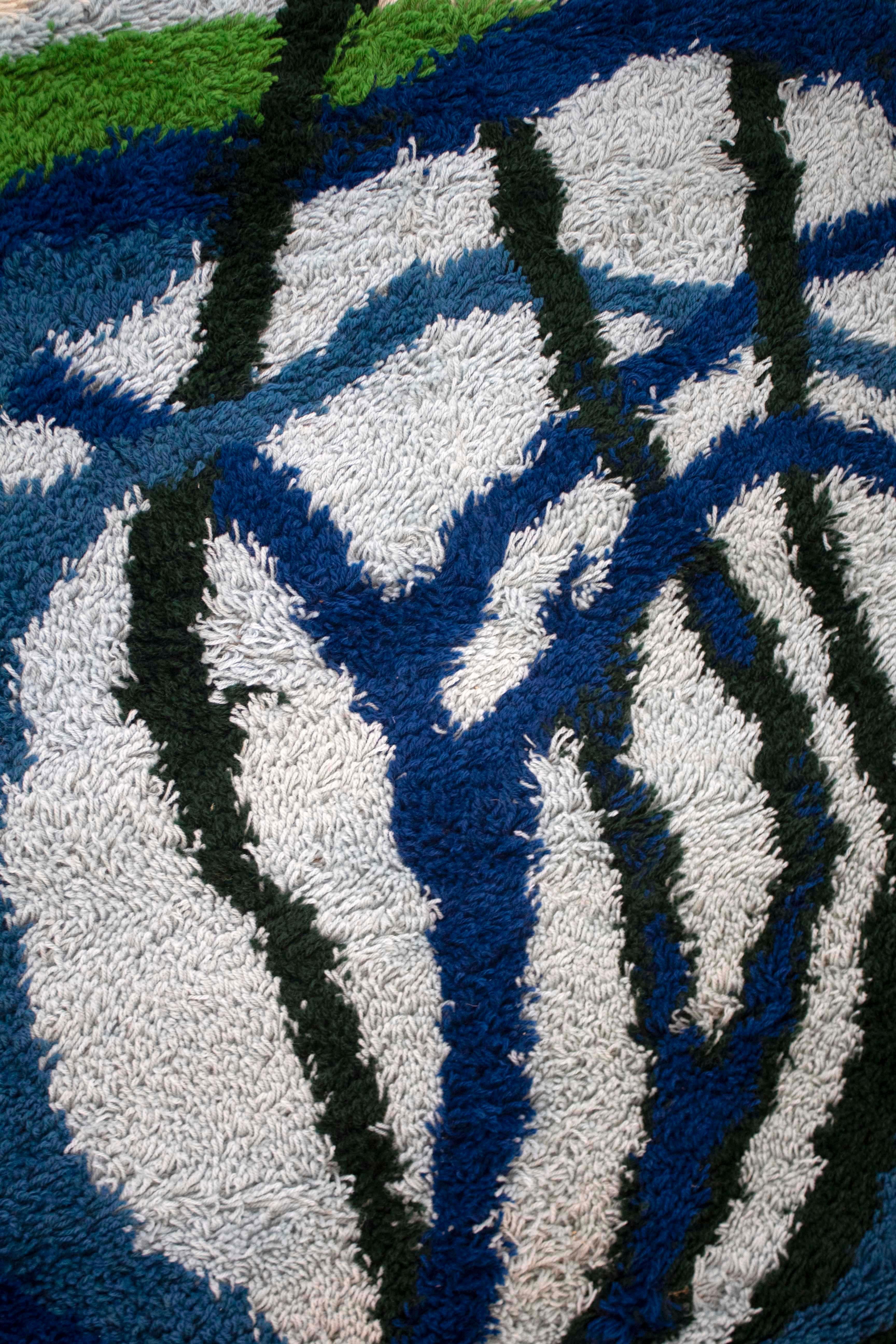 20th Century Abstract Blue & Green Ege Vanguard Wool Rya Rug Mid-Century Modern Danish
